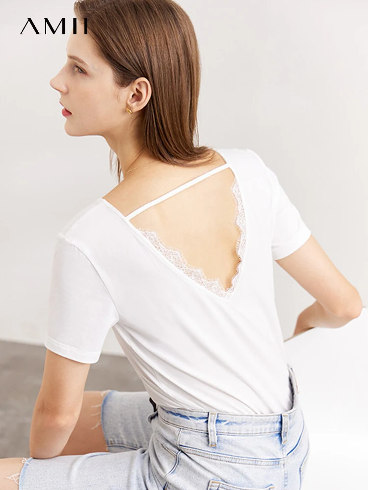 AMII Minimalism V Neck Lace Backless Top Women 2023 Summer Cotton T-shirt Female Tees Casual Elastic Female Clothing 12240820