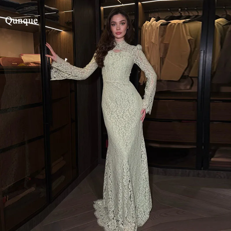 Qunque Sage Green Lace Evening Dresses Mermaid Cut Out Vestidos De Gala Flared Bell Sleeves Wedding Guest Dresses Customized