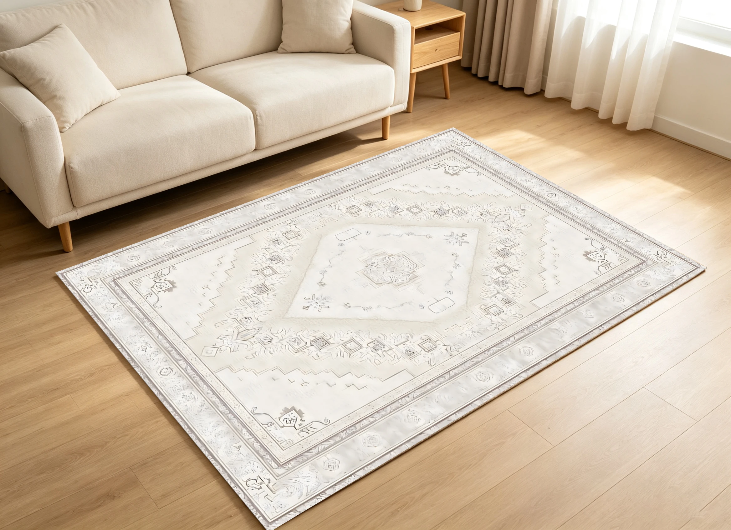 2D Large Rug with Retro Diamond Pattern, Persian Style, Creamy Light French Style, Suitable for Living Room and Bedroom, One-Click Refresh for Autumn and Winter Decoration