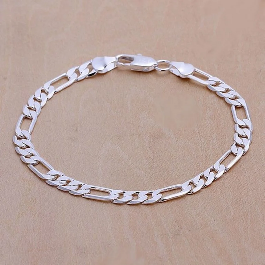 

925 Sterling Silver Bracelet 6mm Chain Wedding Nice Gift Solid Jewelry Fashion Beautiful 20cm 8inch