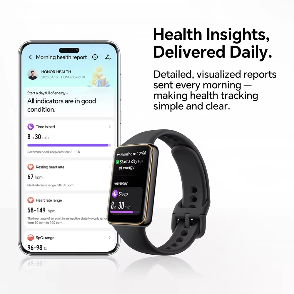 الإصدار العالمي Honor Band 10 تصميم ذو حافة منحنية صباح الصحة 1.57 بوصة شاشة AMOLED 5ATM مقاومة للماء بلوتوث 5.3