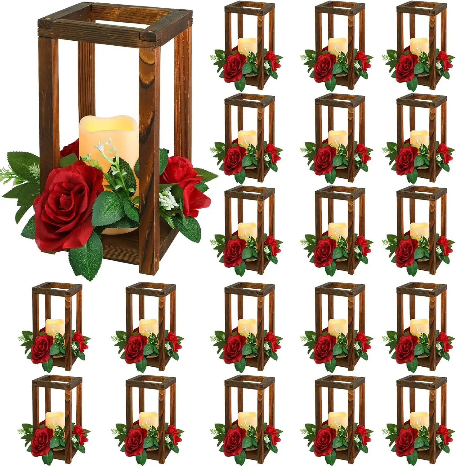 60 Pcs Integrated Wedding Lantern Centerpiece Rustic Wooden Holder with Candles and Rings Farmhouse Candle Lantern Decor for Hom