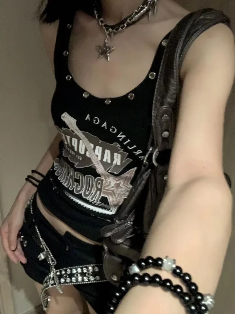 Deeptown American Retro Punk Harajuku Cropped Tank Top 2024 Summer Vintage Sexy Design Black Sleeveless Tees Y2k E-girls