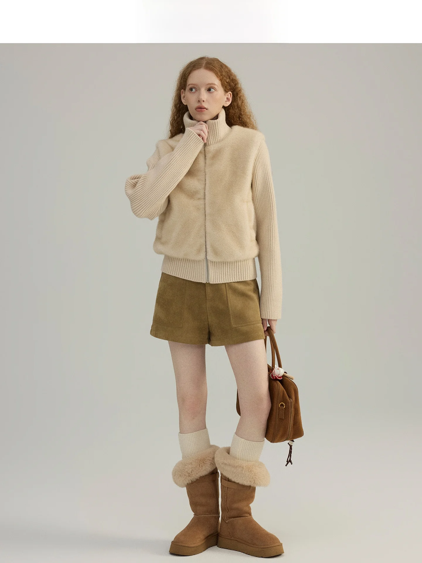 

Slimming ort Knitted Faux Fur Jaet Stand Collar Zipper Casual Sle Women's Outerwear New 2025 Winter Long Sve Coat