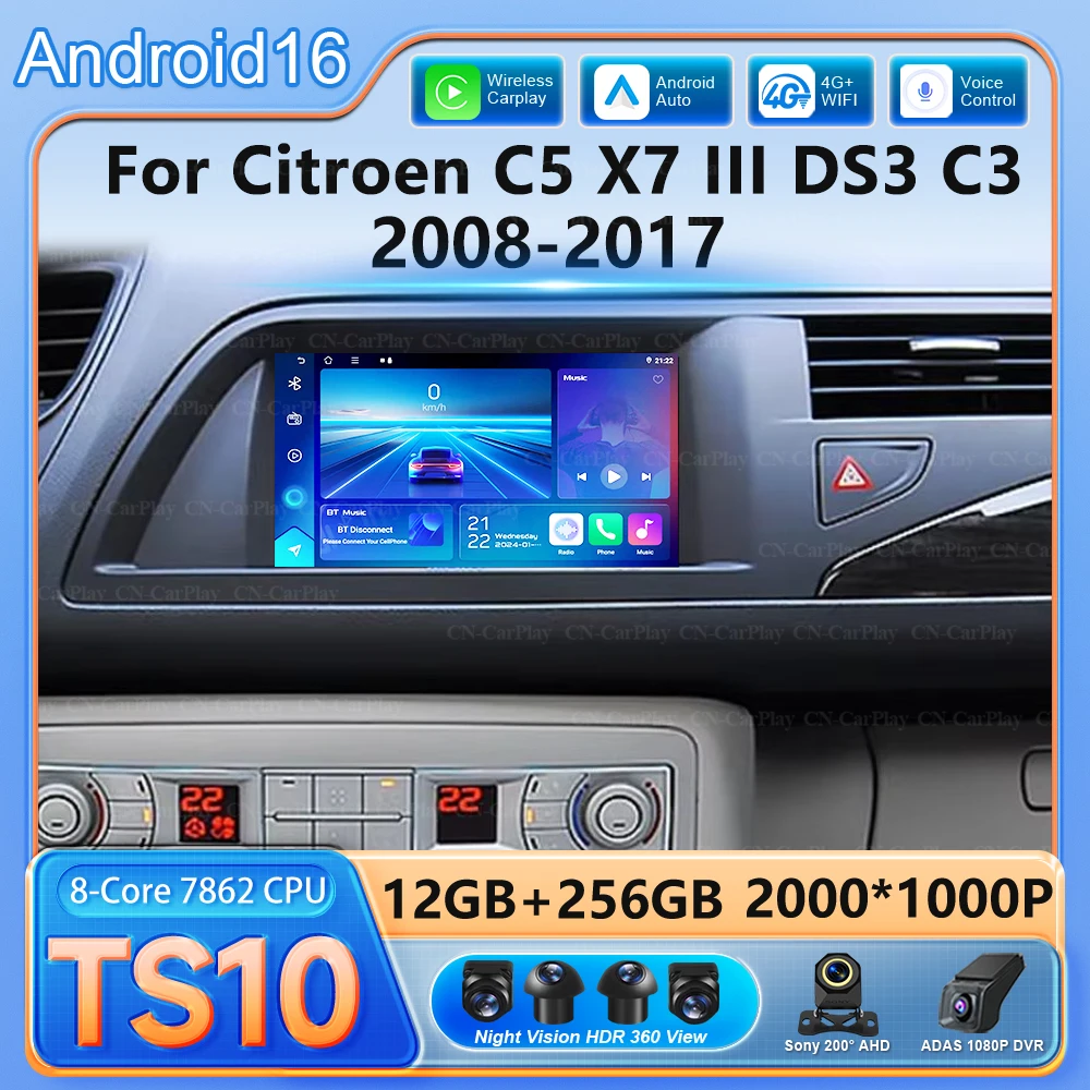 Rádio Automotivo 7'' para Citroen C5 X7 III DS3 C3 2008-2017, Reprodutor Multimídia Carplay 2Din com Tela, Unidade Principal de Áudio Estéreo com GPS e Navegação