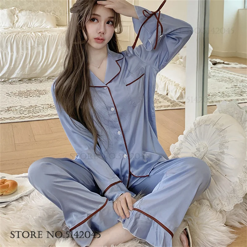 

Ice Silk 2Pcs Pjs Set Sleepwear Sweet Lotus Leaf Edge Pajamas Loungewear Loose Long Sleeve Pijamas Trouser Suit Women Homewear