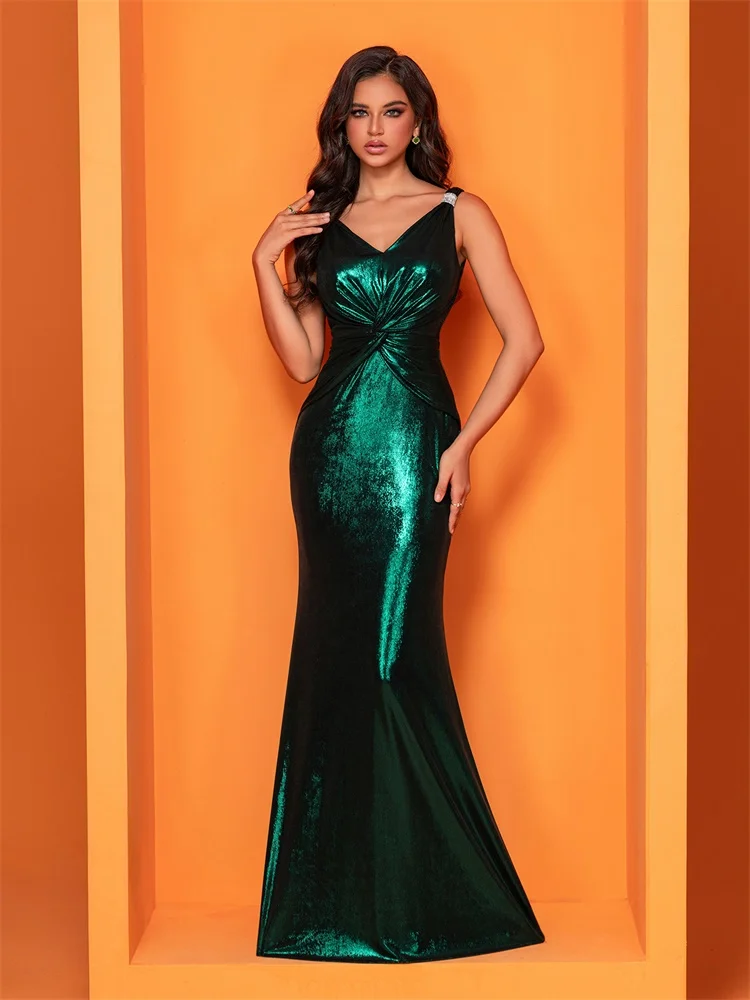 XUIBOL Elegant Evening Dresses Glittery Sleeveless Pleated Empire Waist 2024 Green Mermaid Party Prom Bridesmaid Dress