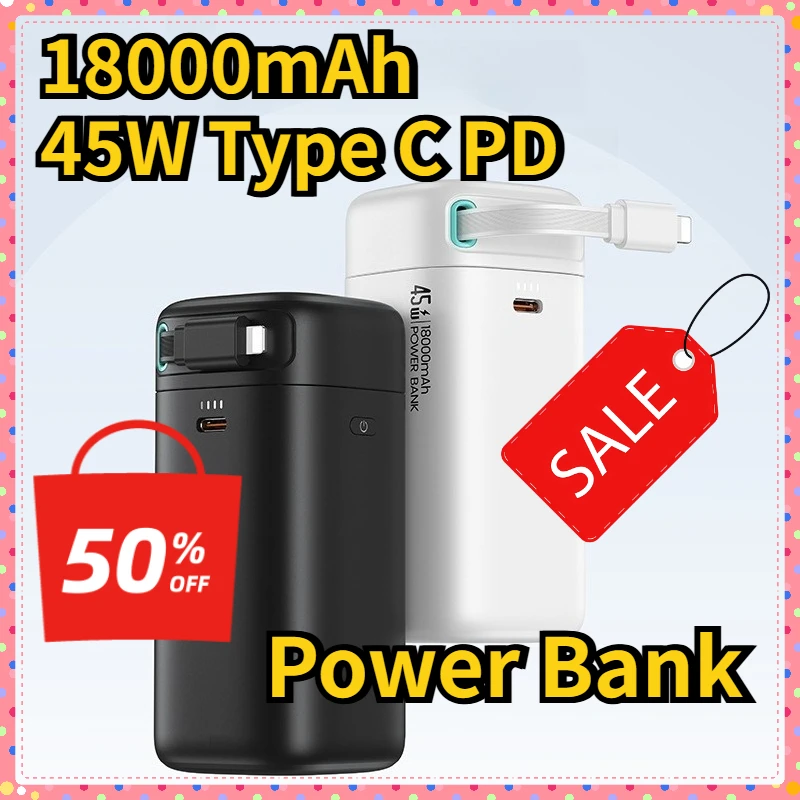 

18000mAh 45W Type C PD Fast Charge Powerbank With Retractable Cable External Portable Phone Charger Power Bank