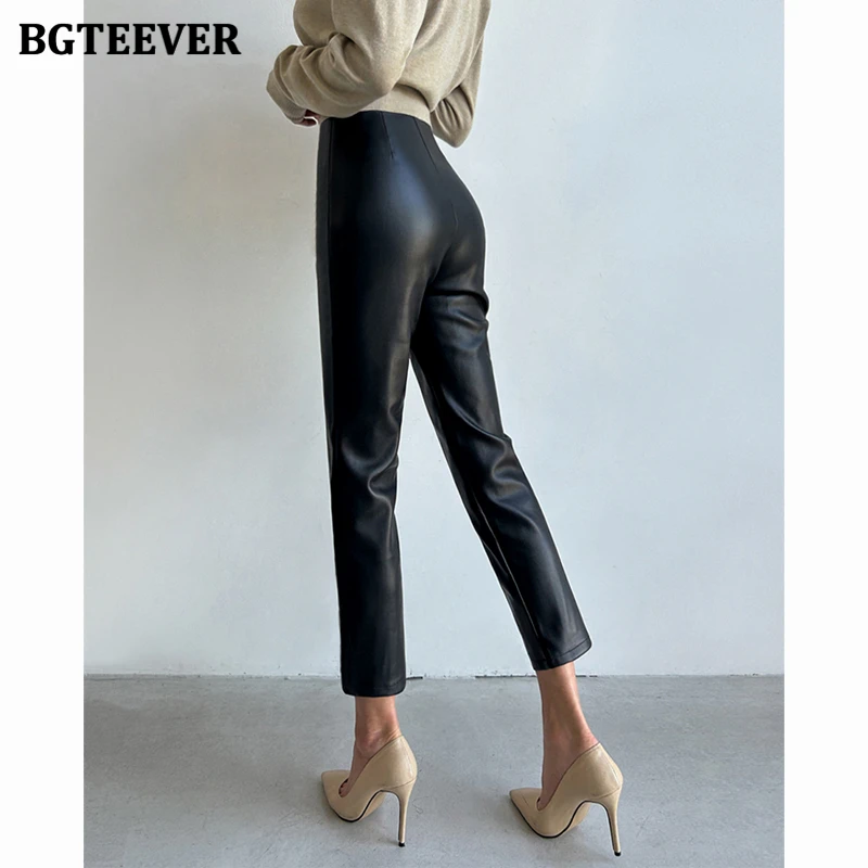 BGTEEVER Elegant Ladies PU Leather Pants Stylish High Waist Slim Skinny Black Pencil Pants for Women