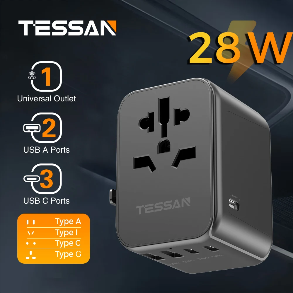 TESSAN Internationaler Reiseadapter, universelles Reiseladegerät mit USB-A-Anschluss und Typ C, All-in-One-US-EU-UK-AUS-Stecker für Reisen