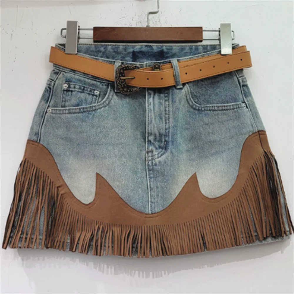 Retro blue fringed denim skirt belt high waist short skirt Mujer Female Chic Zipper Casual Vestidos