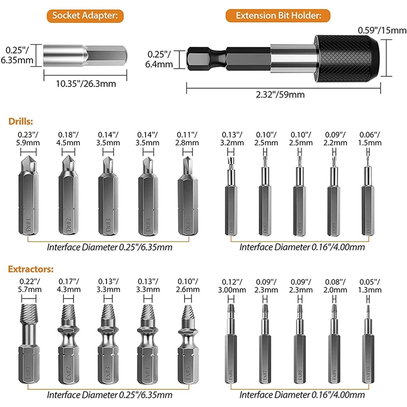 Juego de extractores de tornillos dañados, Kit de extractores de tornillos pelados, juego de removedor de tornillos rotos HSS con adaptador de broca y enchufe, 22 piezas
