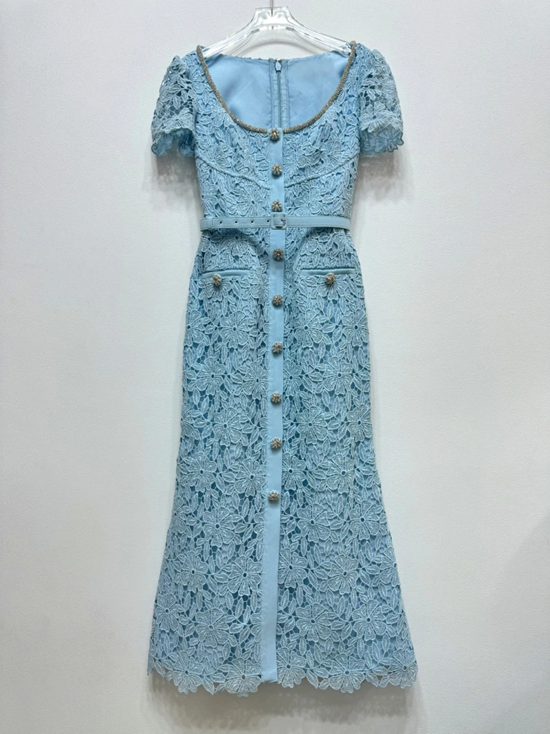 2024 Summer New Arrive Blue Color Women Floral Lace Midi Dress Short Sleeve Square Collor Single Breasted Party Dress With Belt