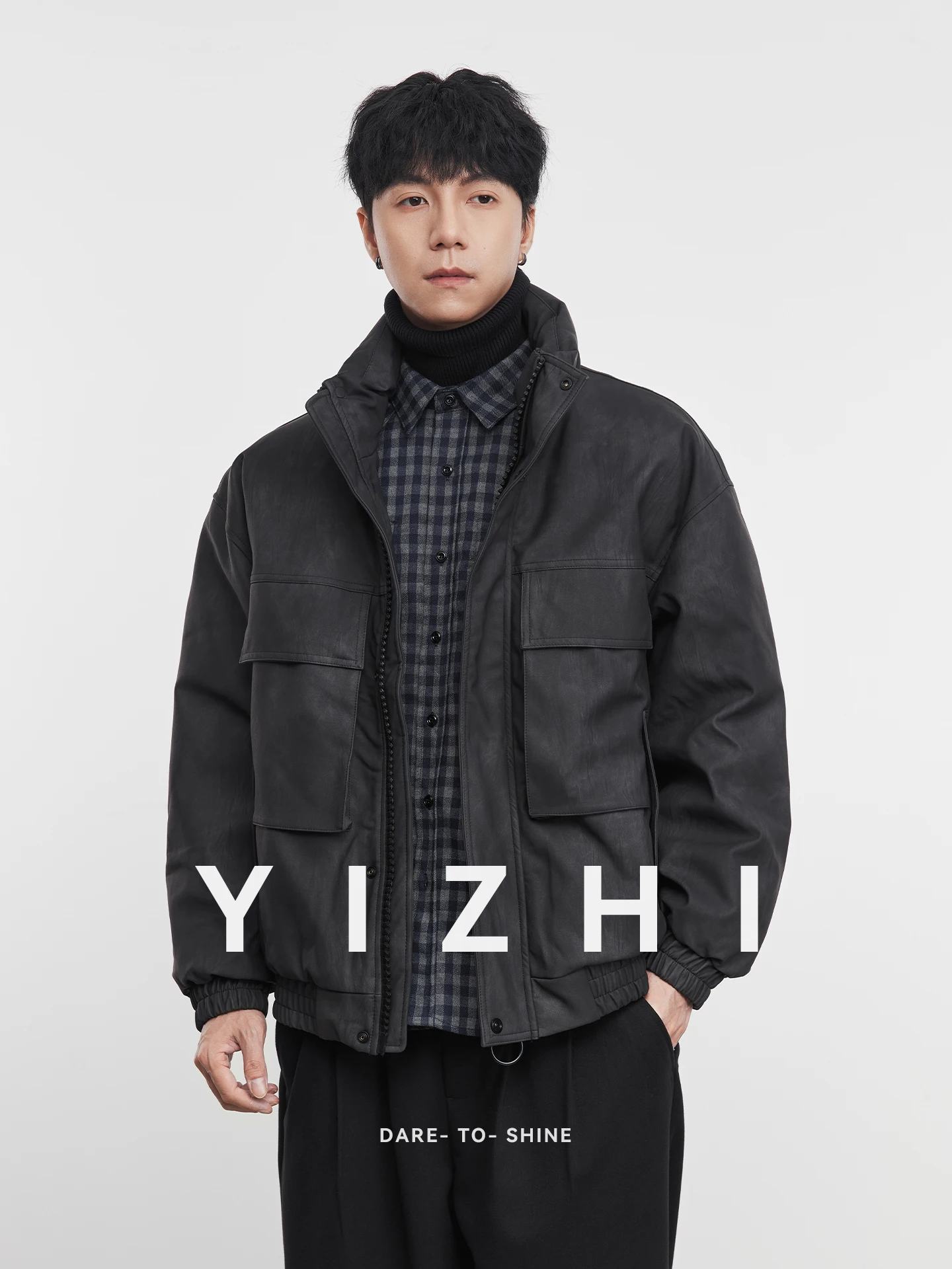 

Cool Vintage Workwear Leather down Jaet Loose Stand Collar Multi ket 90 White Du down Jaet Urban Casual Faion