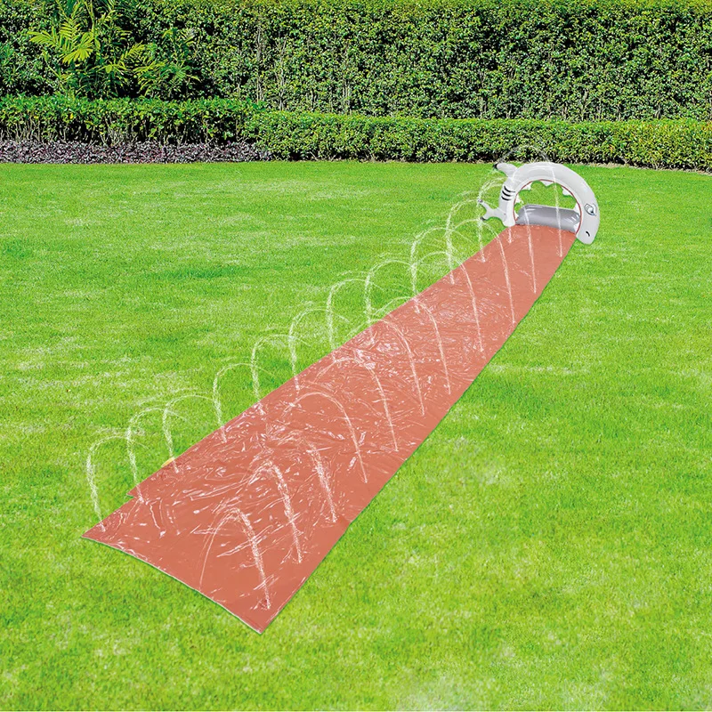 15 Ft Shark Lawn Sprinkler Water Slide Red with Spraying and Inflatable Crash Pad for kids outdoor Play Pool Toys