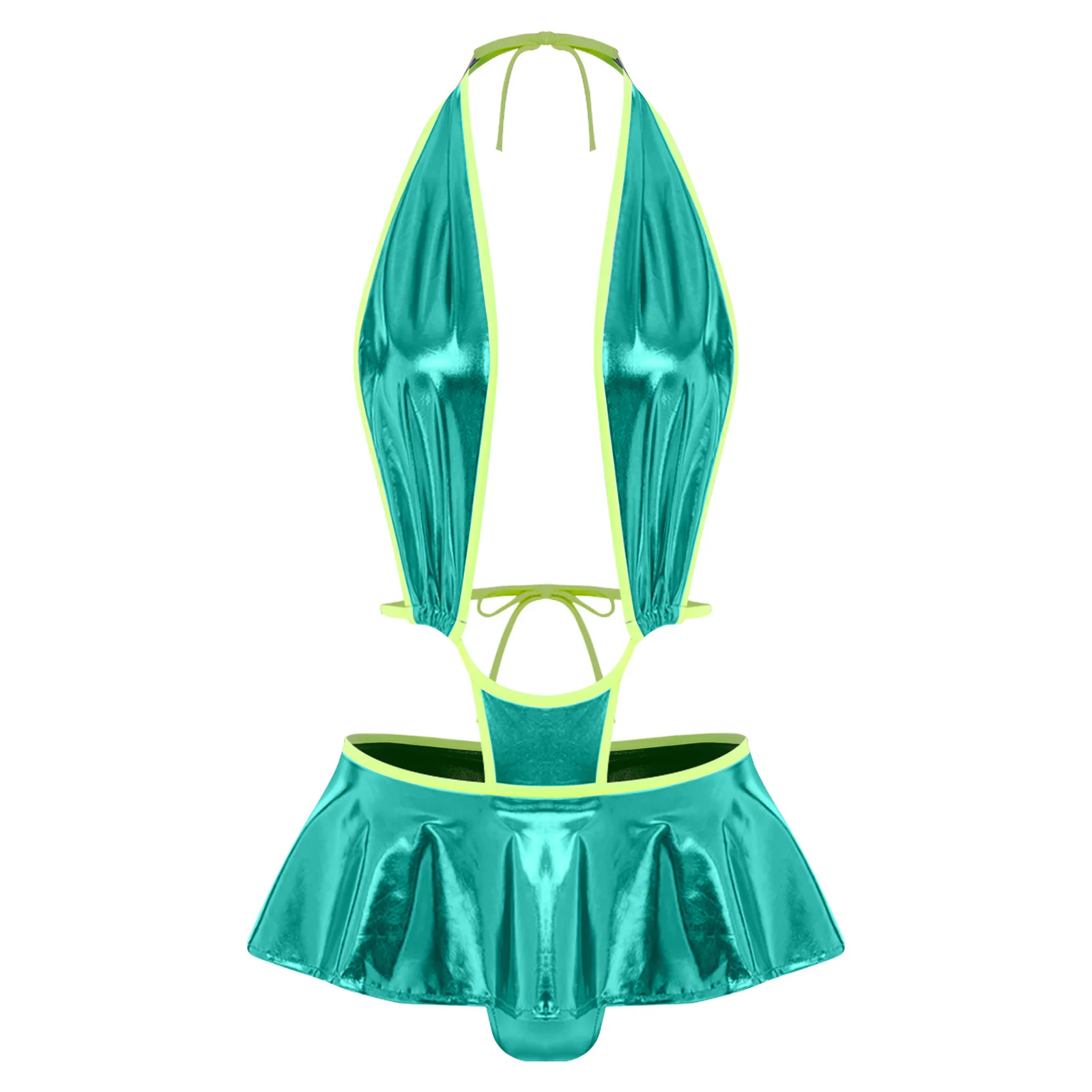 Damen Metallic Glänzender Badeanzug Einteiliger Strand-Badeanzug Neckholder Tiefer V-Ausschnitt Rückenfreier Mini-Slip mit Rüschensaum Badeanzug – Detail 8