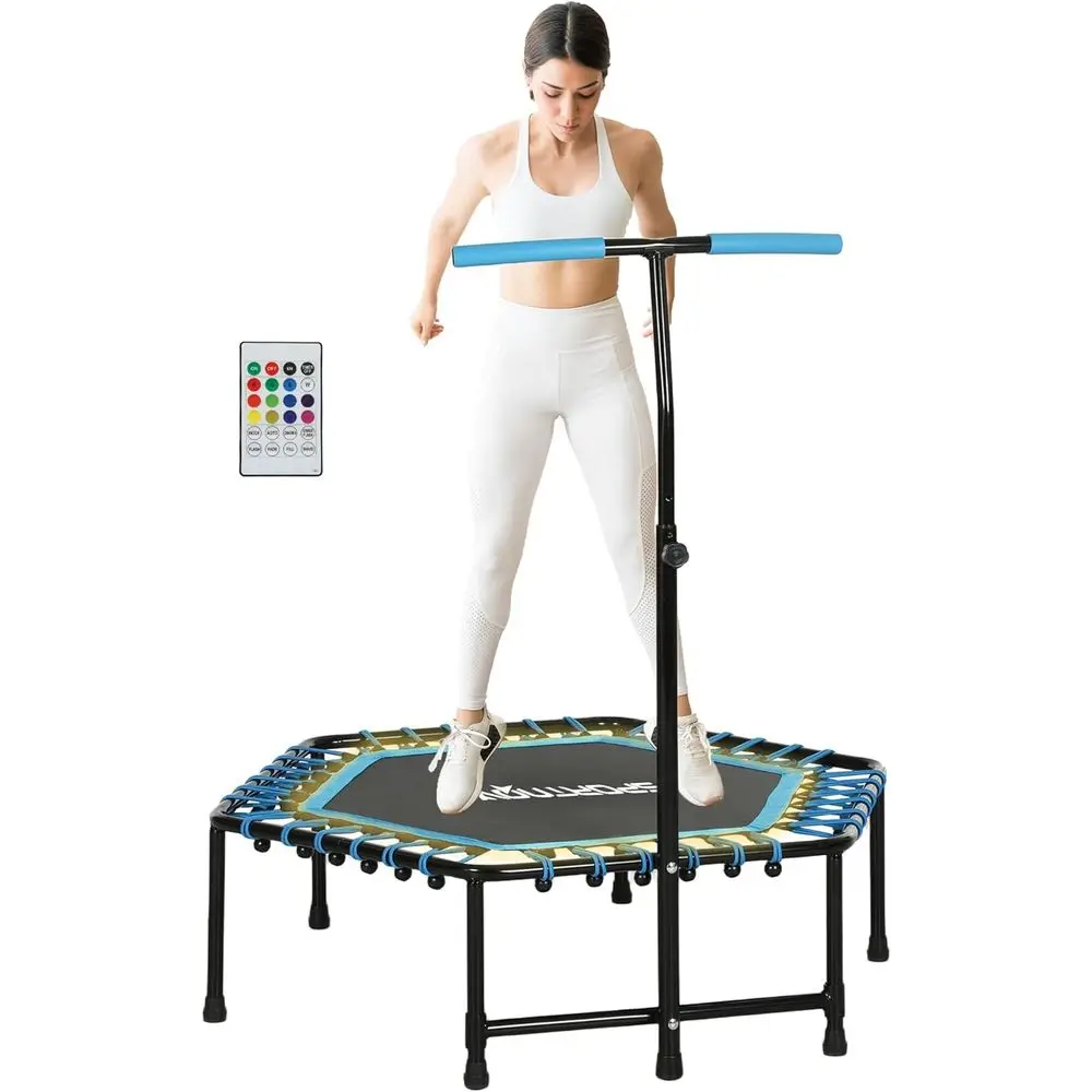 

Adults & Kids Indoor Trampoline with LED Lights, Adjustable Handle, Quiet Bungee System