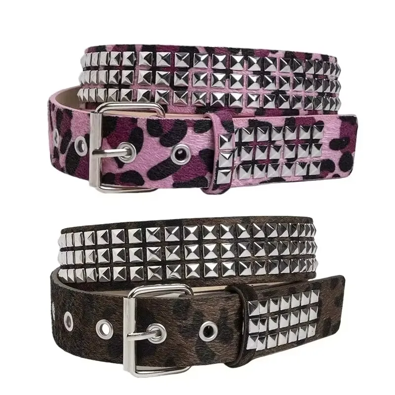 Punk Pink PU Leather Fur Rivets Belt for Women Y2K Hip Hop Gothic Retro Brown Pin Buckle Waistband for Jeans Accessories