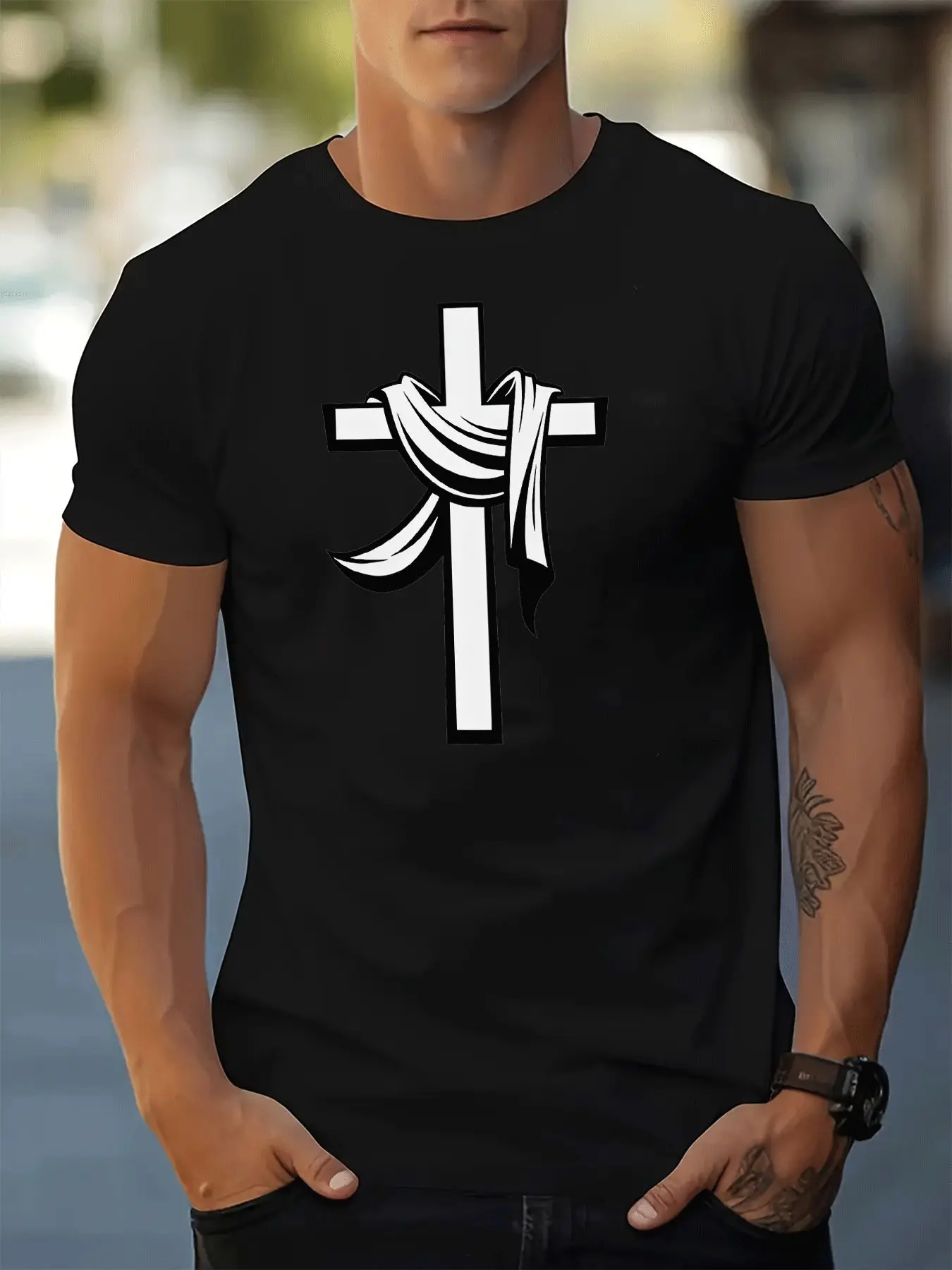 Red Mens Summer Tee Cross Wrap Christian Print Short Sleeve Top For Faith Believer Male Daily Soft Street Basic Fashion Wear