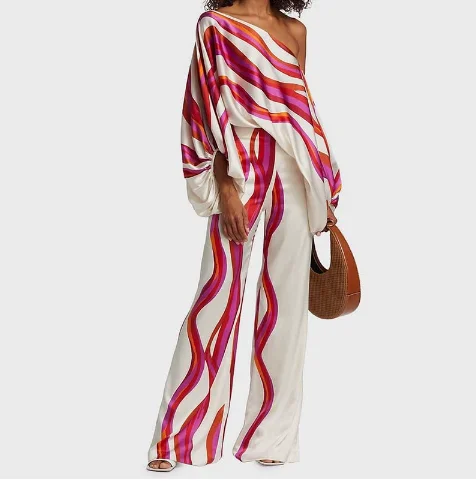 2025 Spring New Suit European and American Fashion Printed One Shoulder Loose Bat Sleeve Waist Wide Leg Pants Fashion Suit