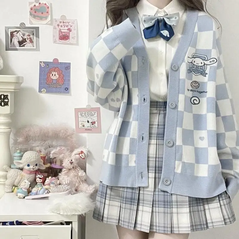 Kawaii Sanrio Cinnamoroll Plaid Sweater Cartoon My Melody Kuromi Pompom Purin Girl Cardigan Loose Top Coat Knitted Sweater Gift