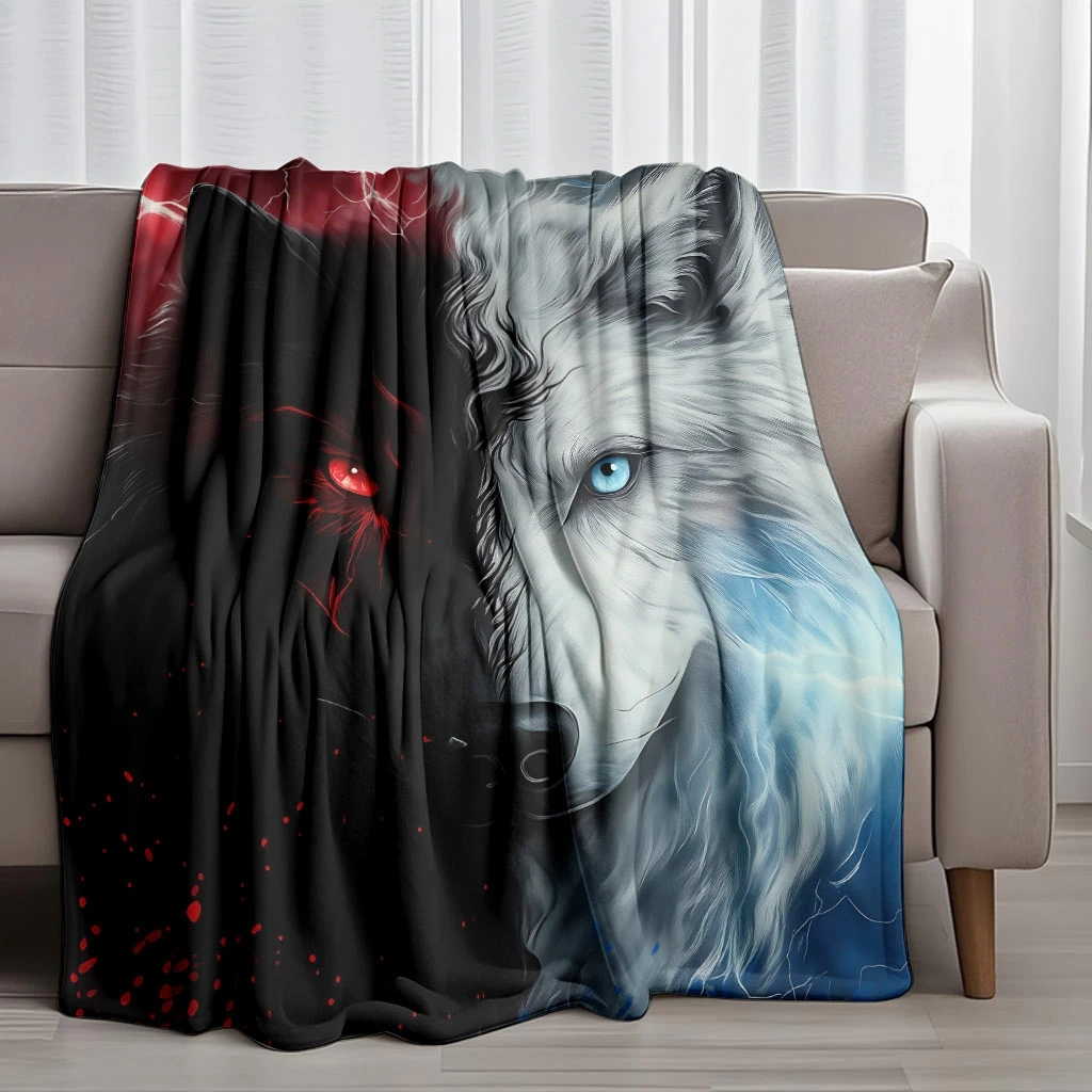 Yin Yang Black White Wolf Lightning Flannel Throw Blanket, Soft Warm Blanket For Sofa Bed Bedroom Travel,Print Home Decor Gift