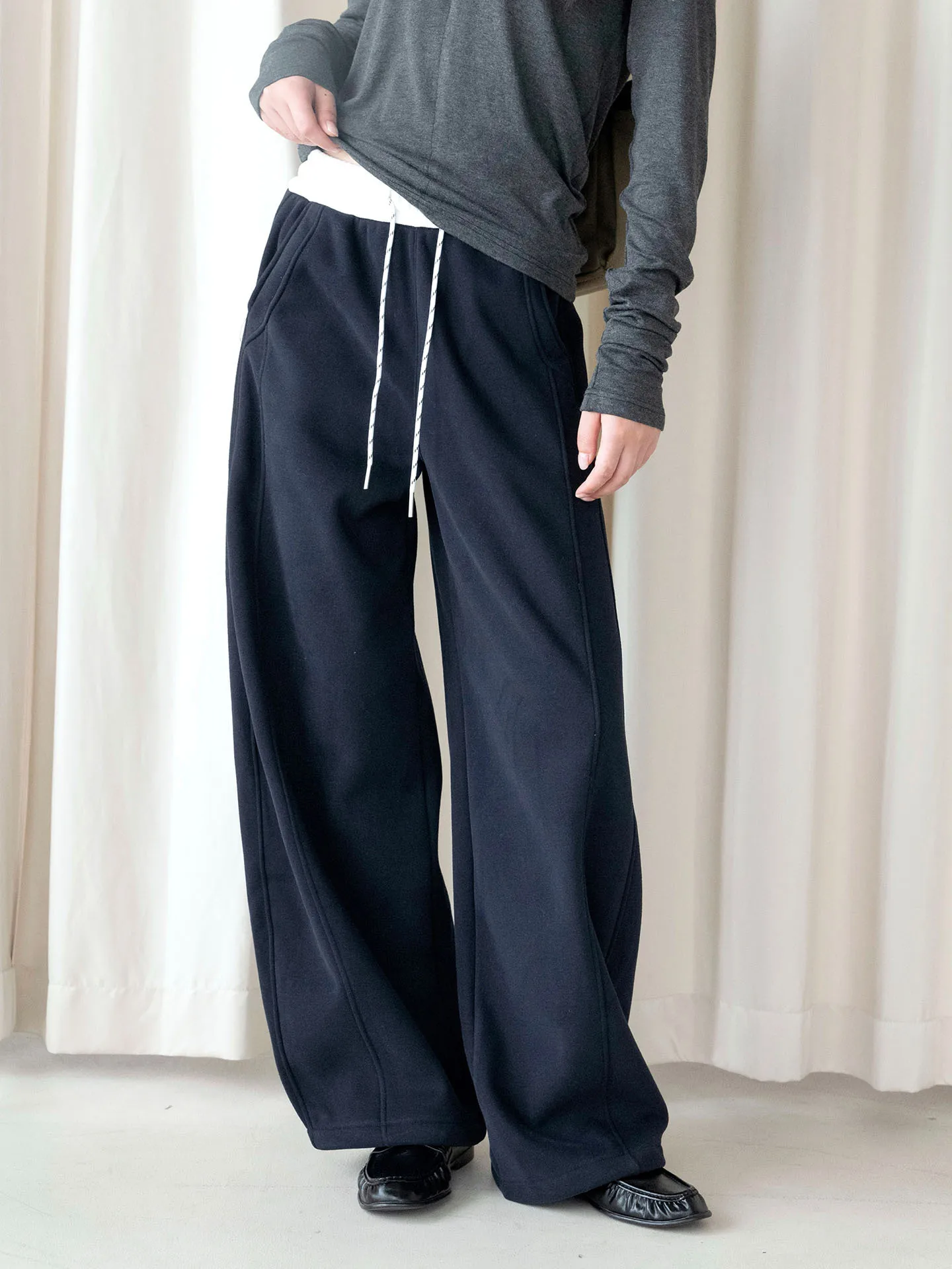 Autumn and Winter New Japanese Style Color blocked Waist Head Bright Thread Fleece Casual Pants Wide Leg Pants for Women