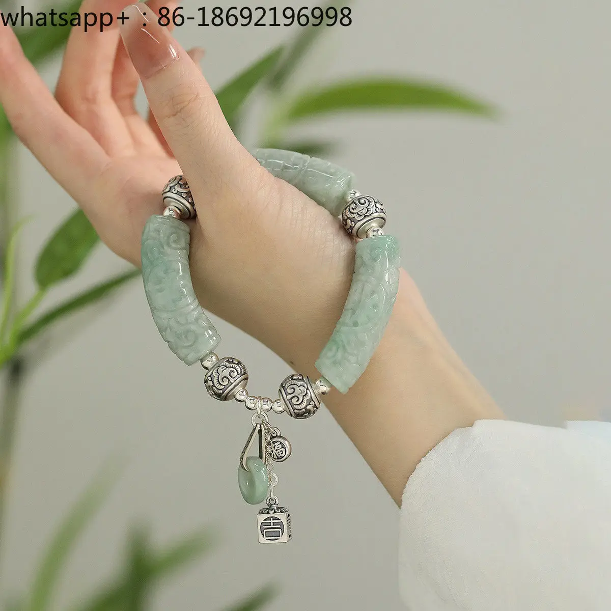 Pure Silver 999 Jadeite A Goods Elbow Running Ring Bracelet Female