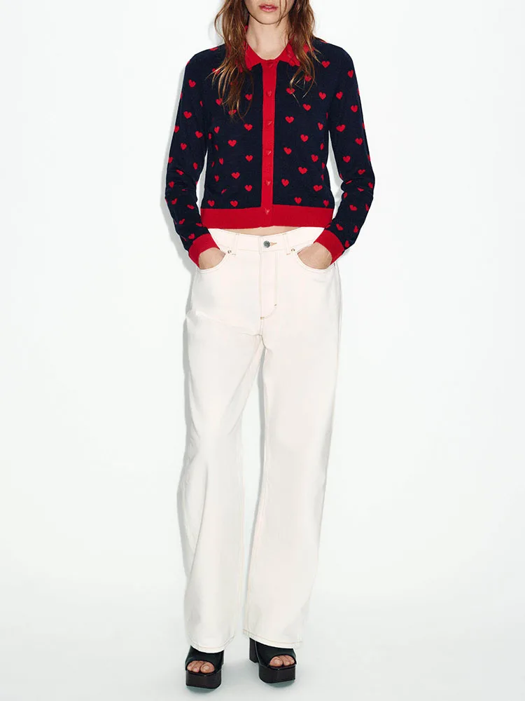 

Spring 2026 New Arrival Women's Faionable Versatile Heart Pattern Knitted Jaet Casual Loose Fit Long Sve ort Coat