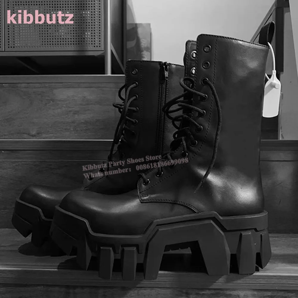 Lace-Up Motorcycle Mid Calf Boots Thick Height Increasing Round Toe Side Zipper Genuine Leather Solid Black Fashion Luxury Shoes