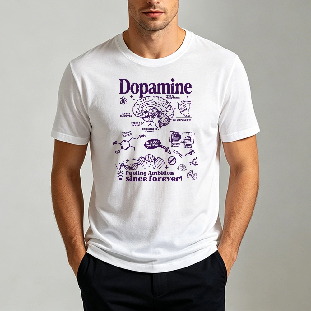 T-shirt pour hommes, blanc, avec image de cerveau, de neurosciences, à manches courtes, avec inscription « Dopamine Fueling Ambition Since Forever », cadeau scientifique