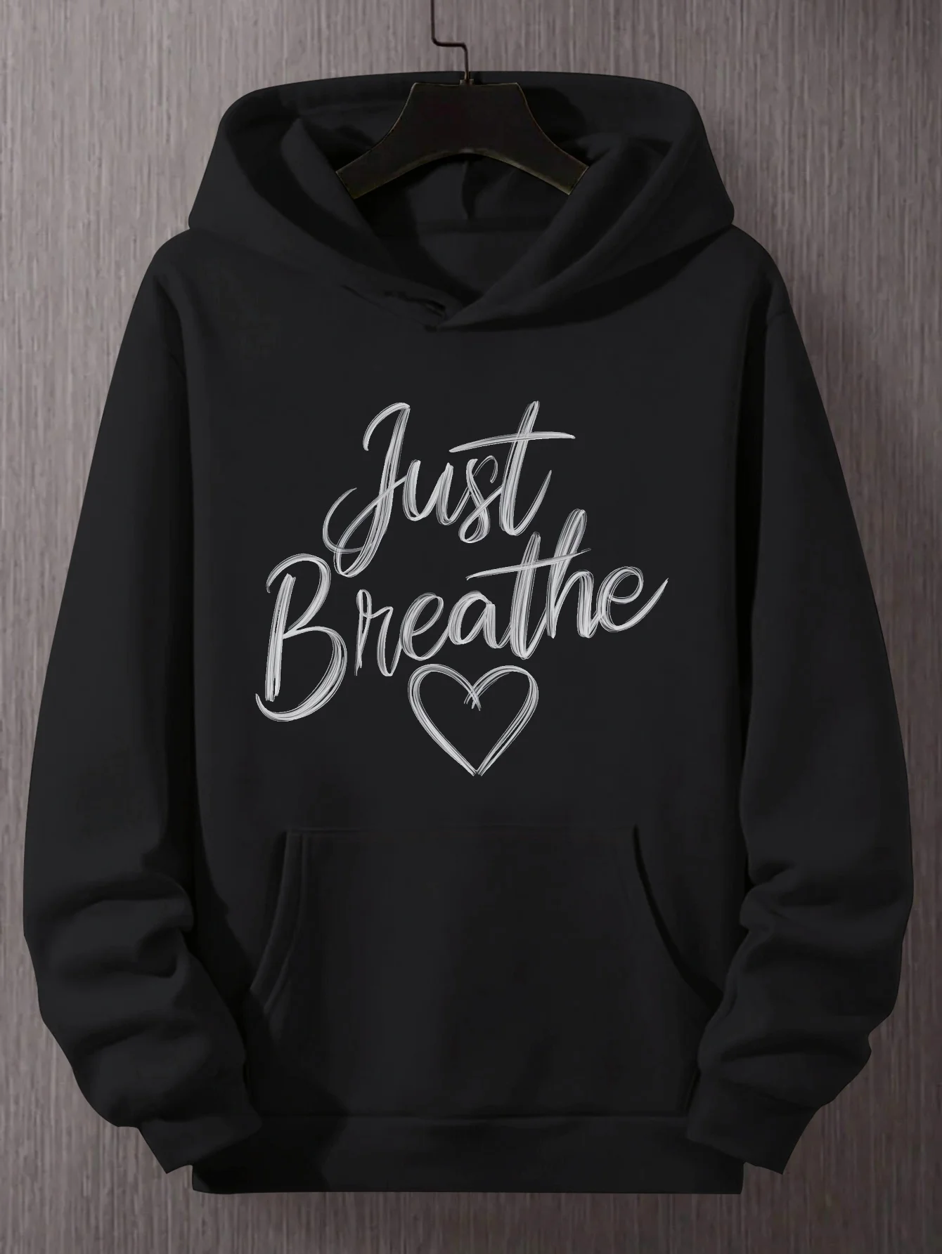 هوديي رجالي باللون الأخضر مع تصميم Just Breathe Heart كاجوال فضفاض بأكمام طويلة من القماش ملابس مريحة بقلنسوة