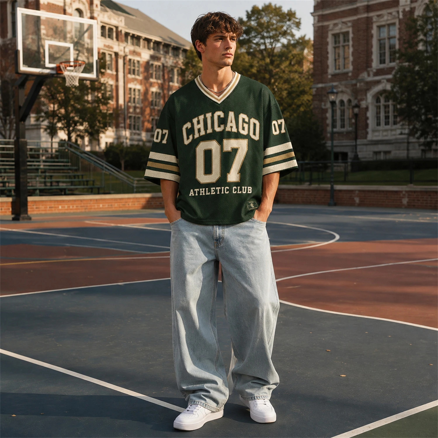 Men Chicago 07 Long Sleeve Jersey V Neck Mesh Shirt Vintage Varsity Football Y2K Streetwear Sportswear Top