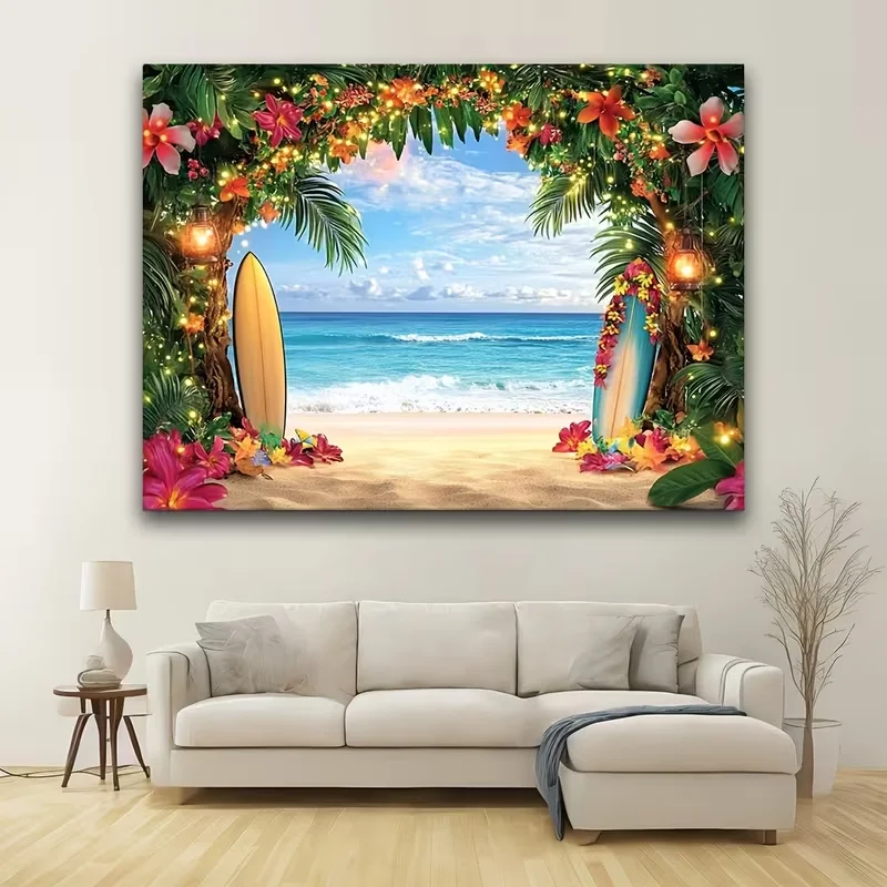 2D-Flachbanner, 1 Stück, hawaiianischer tropischer Strandhintergrund, Palmenbaum, Surfbrett, Hibiskus, Ozean, Fotohintergrund für Luau-Party