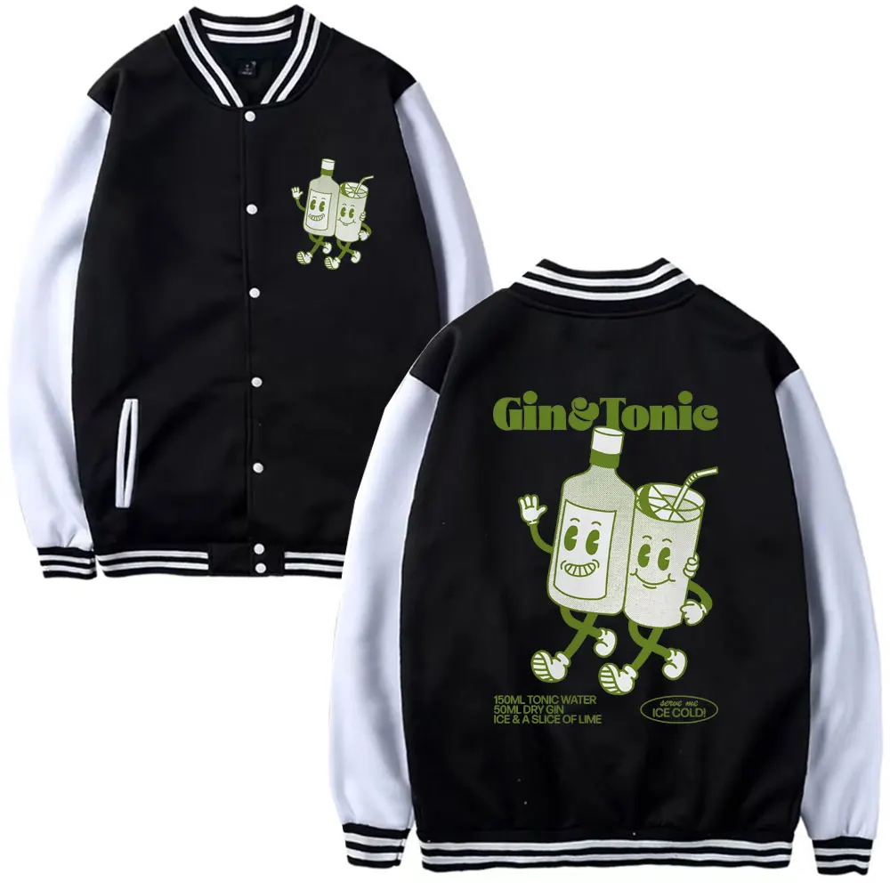 Funny GIN AND TONIC Meme Print Baseball Uniform Men Clothes Winter Fleece Baseball Jacket Unisex Cartoon Cocktail Fashion Coats