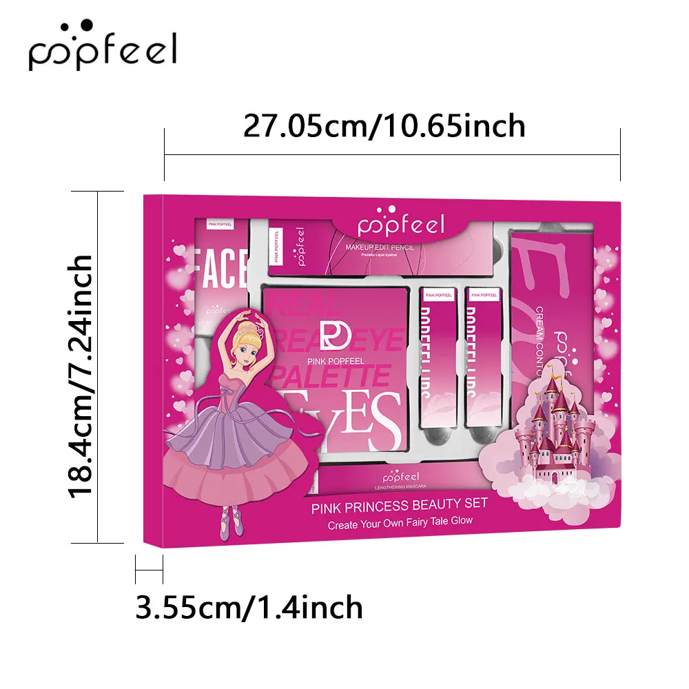 POPFEEL Różowy Zestaw do Makijażu Księżniczki - 8-częściowy Zestaw Kosmetyków na Prezent na Boże Narodzenie, Urodziny i Święta |   Zawiera cienie do powiek, szminkę