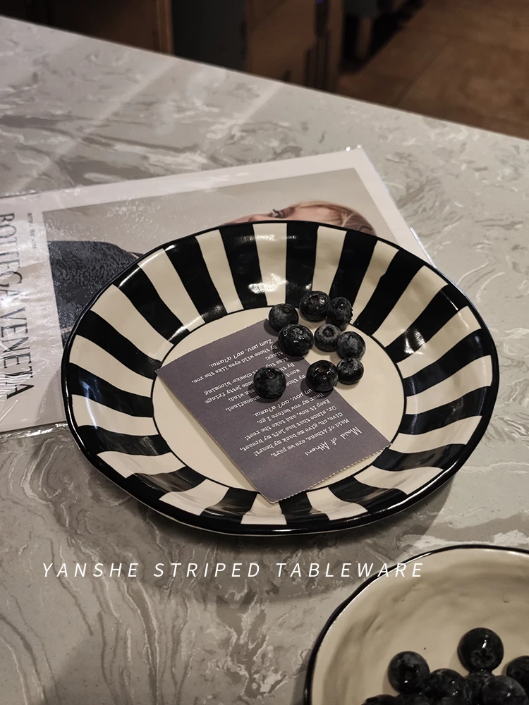 Black and White Striped Ceramic Tableware Deep Plates Straw Hat Plate Household Good-looking Dinner Plate Italian Pasta DishDish