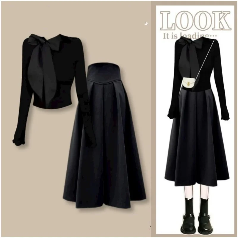 Lady Graceful Vintage Bowknot Collar Black Tops Skirts Two Piece Suits Women Spring Autumn Retro Long Sleeve Pullover Skirt Sets