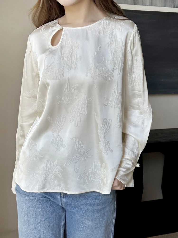 

New Chinese Sle Long Sve Top Classic Button Design Slightly Loose Fit Self-Adhesive Eastern Charm Conceals Flattering