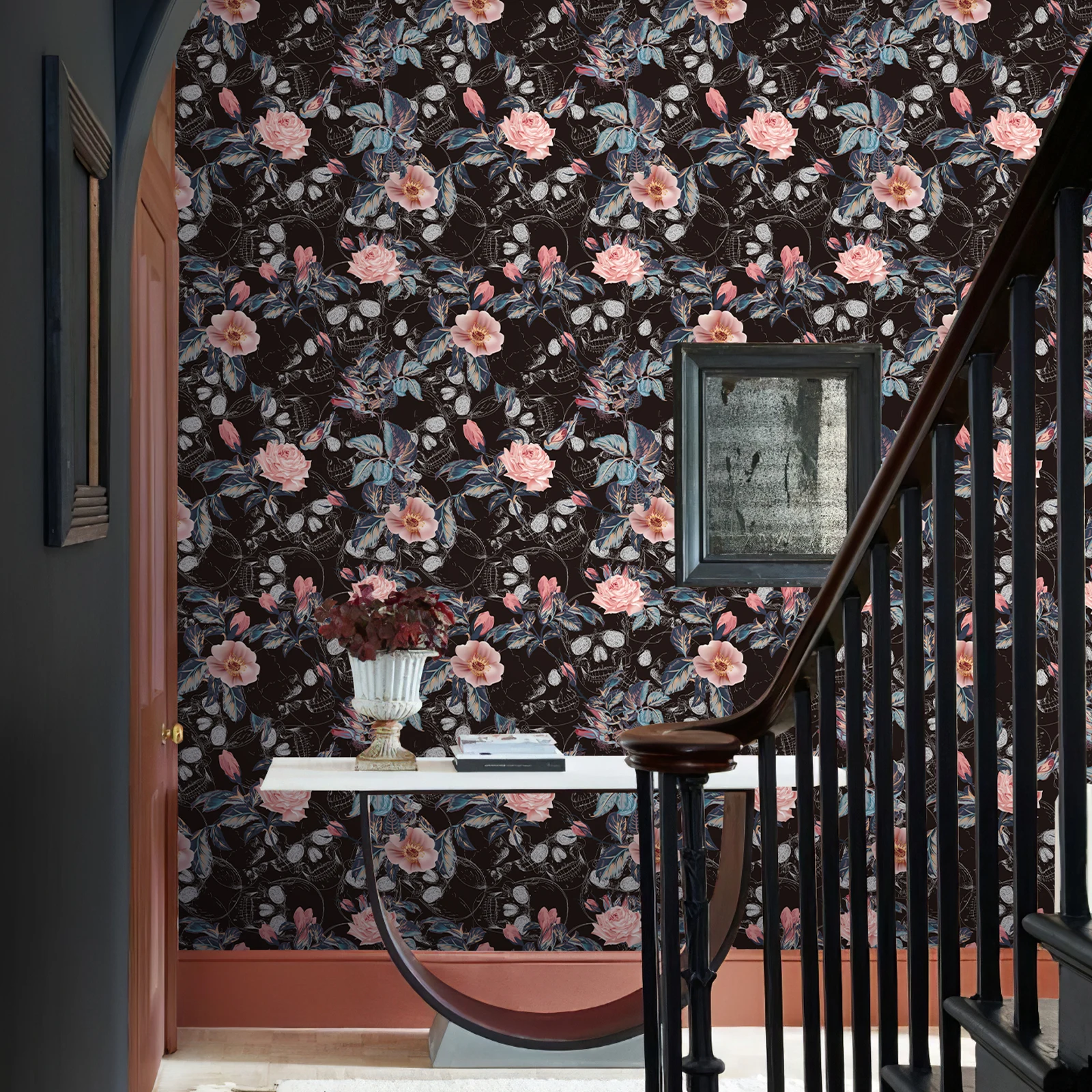 Retro Halloween Skull Rose Wallpaper Waterproof Peel And Stick Festival Wall Contact Paper Chic Pink Flower Cabinet Sticker