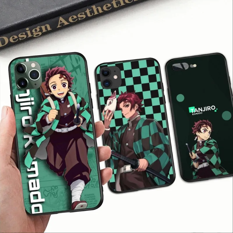 Demon Slayer Tanjiro Phone Case for iPhone 14 13 12 11 XS X 8 7 6 Plus Mini Pro Max SE 2022 Black Soft Phone Cover Funda