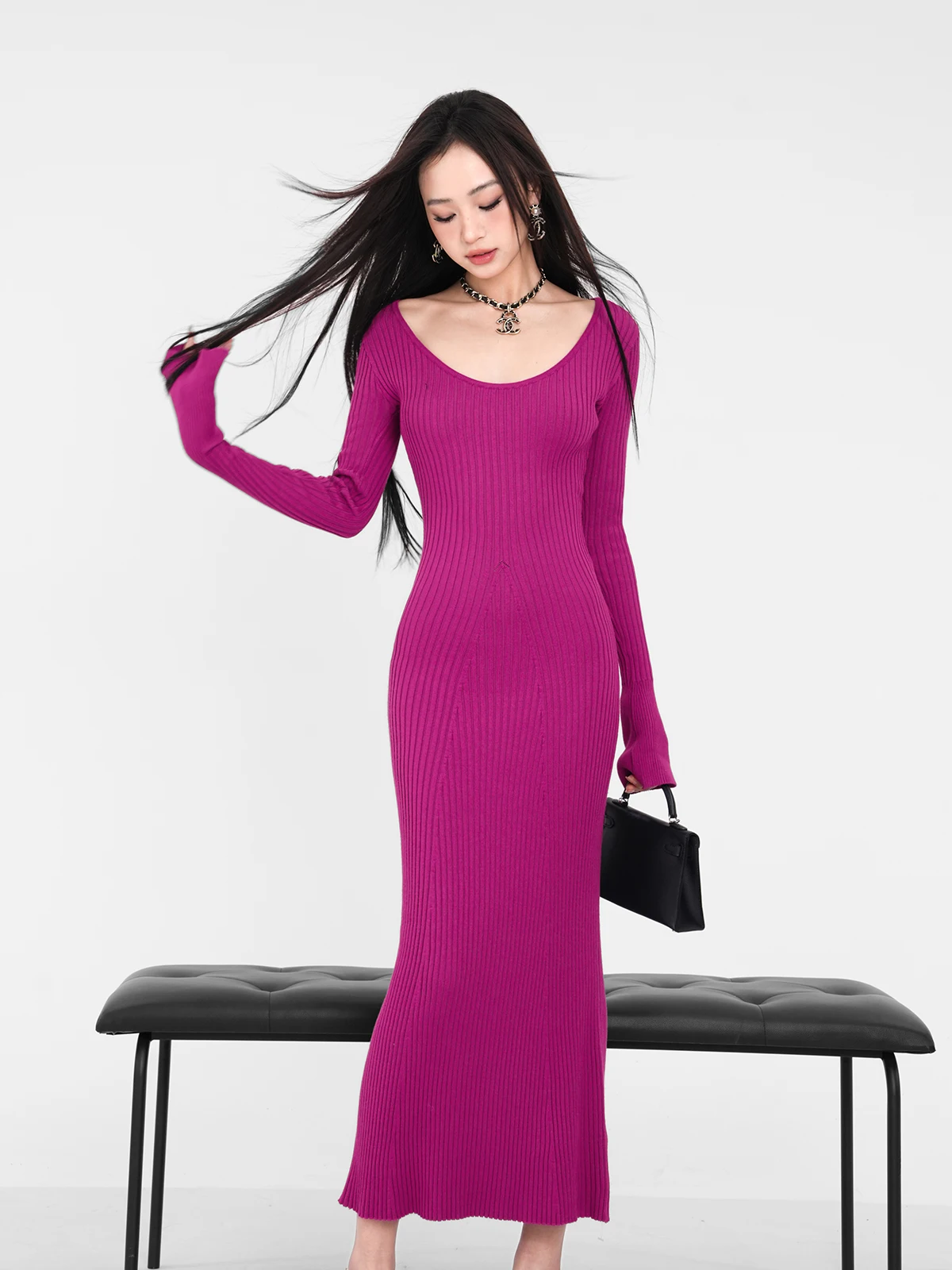 Autumn/Winter American Knitted Ins Style V-Neck Loudspeaked Long Sleeved Dress Spicy Girls Slim Tight Fish Tail Long Dress G09C