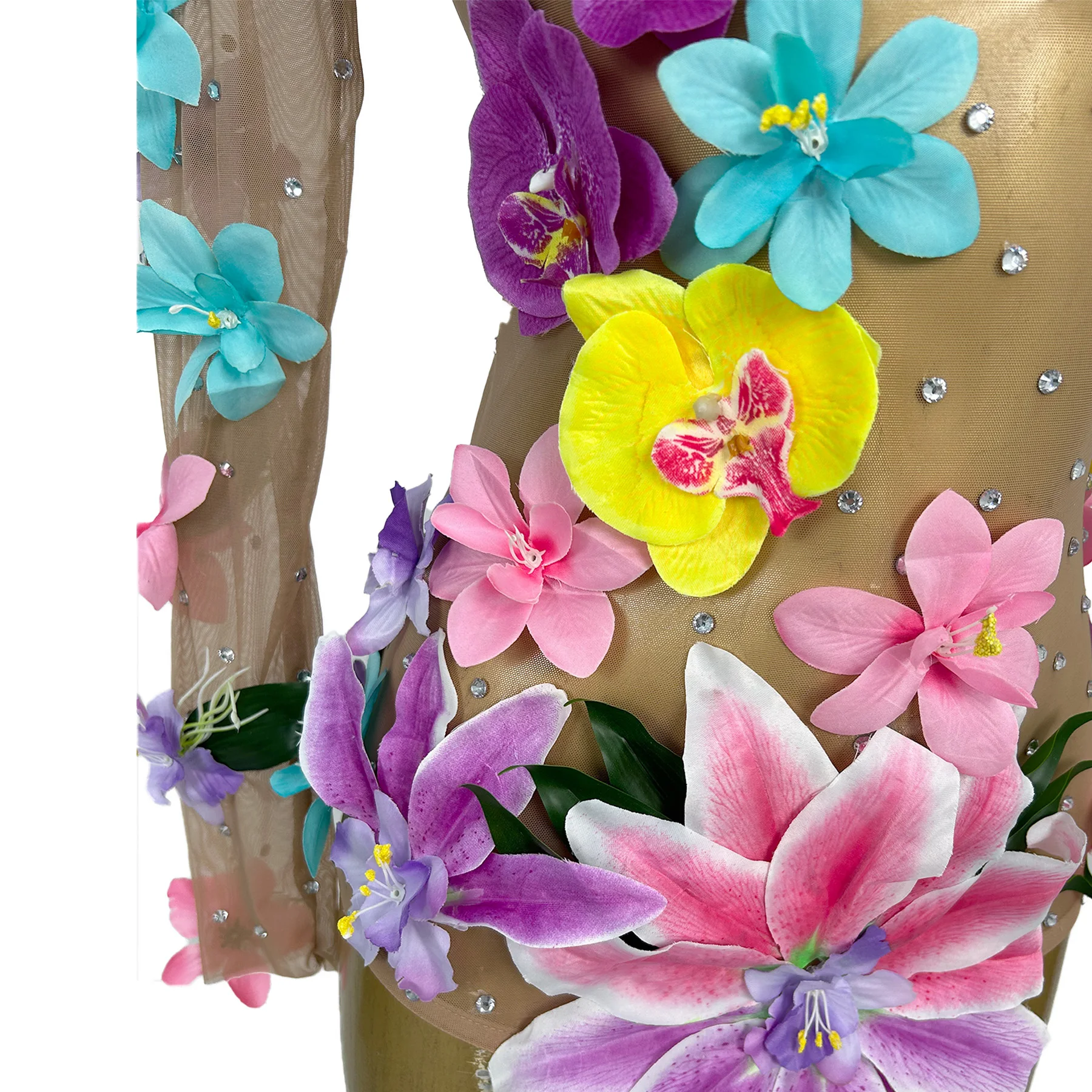 Huaduo Sexy Perspective Jumpsuit Colorful 3D Flower Rhinestone Tight Shorts Bar Dancer Performance Outfit Themed Party Dress