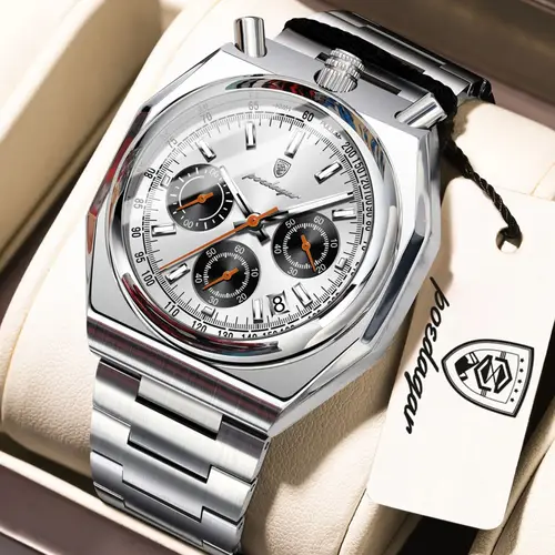 Imagen 2 del producto Reloj de pulsera funcional POEDAGAR para hombre, luminoso, impermeable, de acero inoxidable, clásico, con fecha, cronógrafo, reloj de cuarzo para hombre