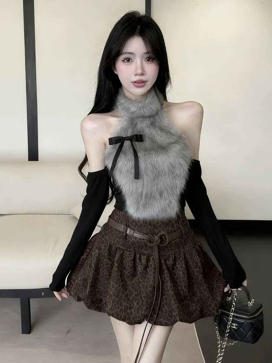 

Сексуальная пикантная девушка Pure Desire oulder Bared Knot Plu Ne Hanging Vest Small irt Retro Leopard Print Puffy ort...