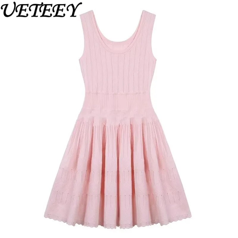 

Niche Design Pink Sleeveless Strap Princess Dress Waist Slimming Solid Knitted Tank Dress Short Dress Female Fashion Vestidos