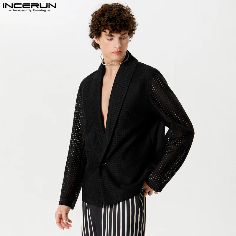 Men Blazer Mesh Hollow Out Lapel Long Sleeve One Button 2024 Suits Men Streetwear Solid Color Fashion Casual Male Coats INCERUN