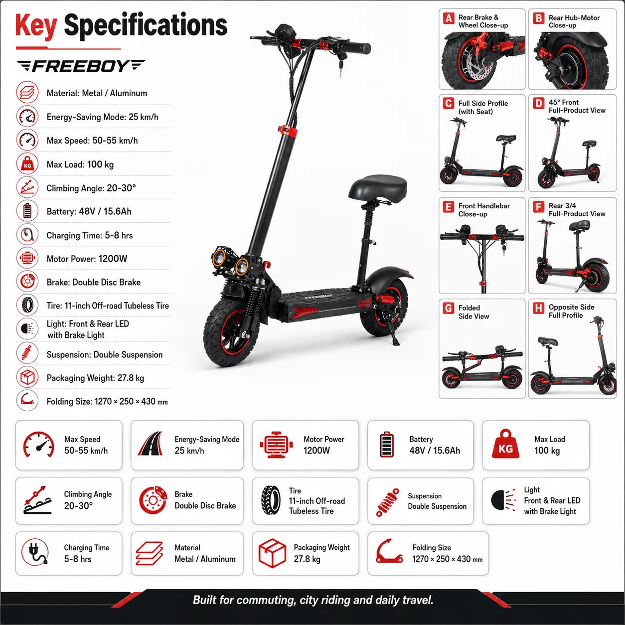 X11 Max Foldable E-Scooter 1200W Motor 50km/h Max Speed 100kg Load Dual Brakes & LED Lights Smart Urban Commuting Choice