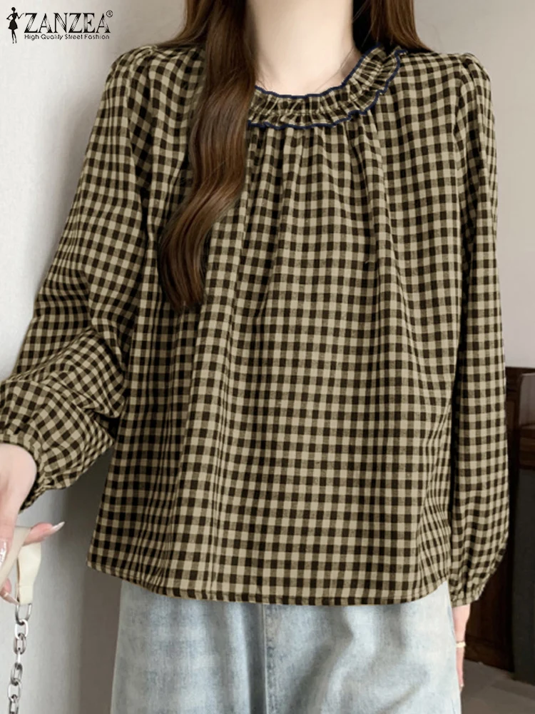 Bohemian Plaid Checked Tops Harajuku Casual Ruffles Hem Shirt Vintage Loose Blusas Mujer 2025 ZANZEA Women's Long Sleeve Blouse