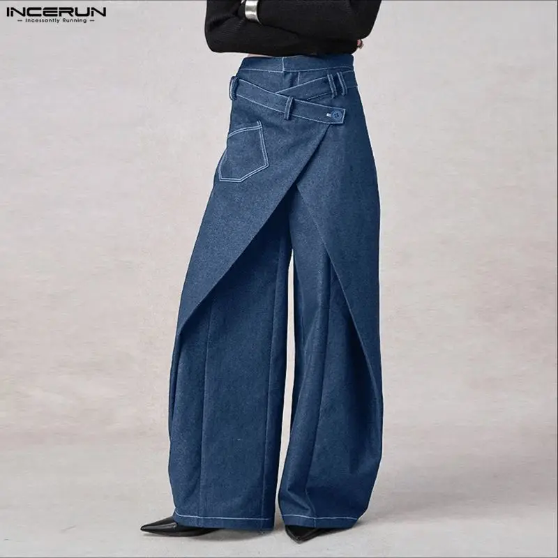 

INCERUN мужские широкие брюки однотонные свободные повседневные брюки на пуговицах мужская уличная одежда оверсайз 2025 модные мужские длинные брюки для отдыха